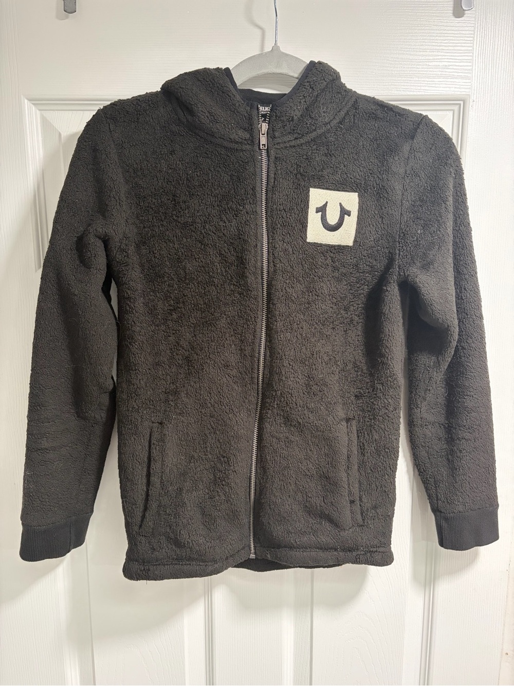 True Religion Kids Black Fuzzy Zip-Up Hoodie with Logo Patch
